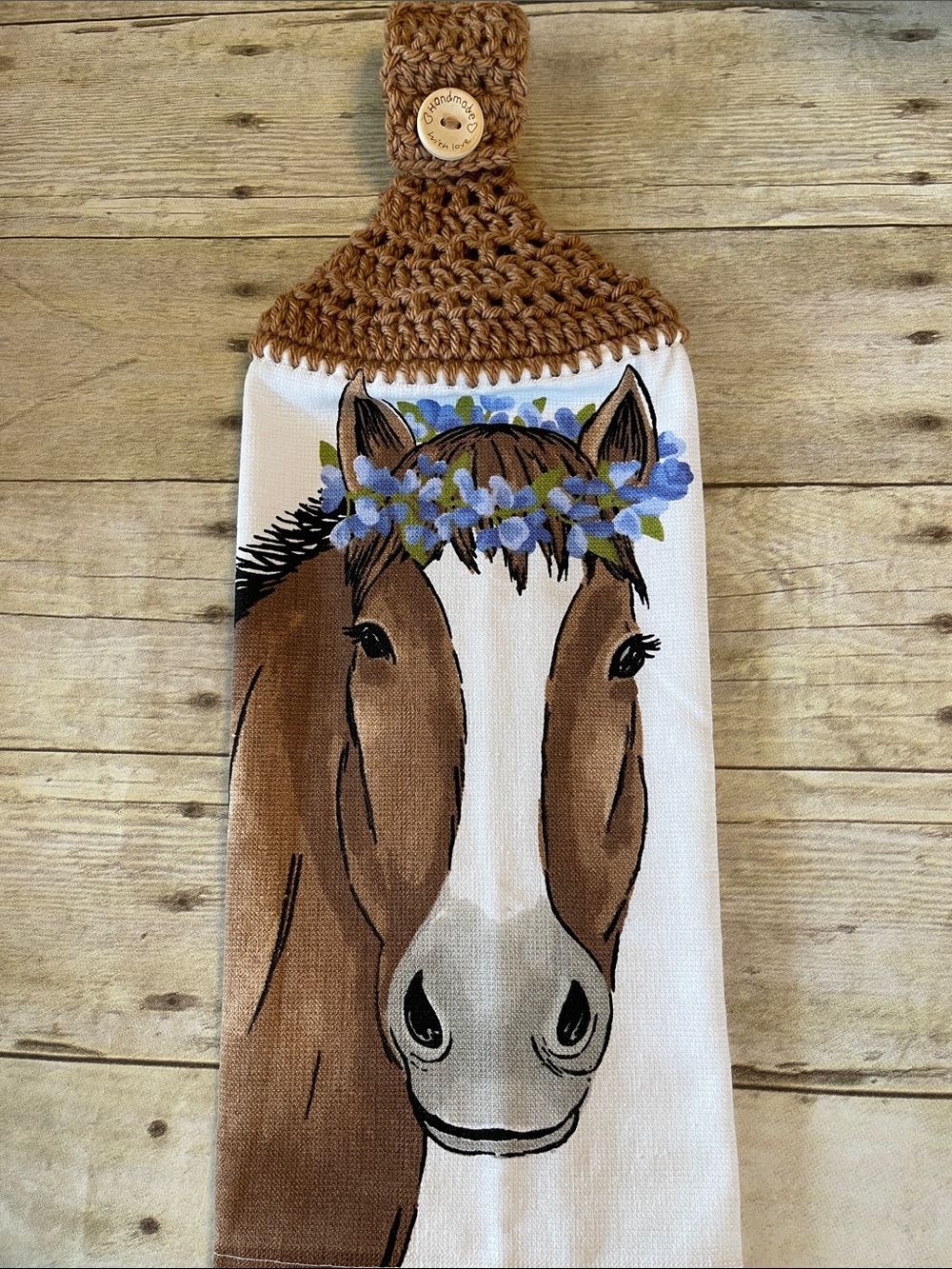 Crochet Top Horse Hanging HandTowel Single Thickness Animal Lover - Brown
